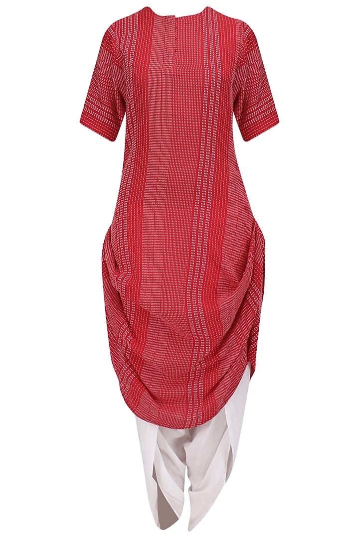 Red and white textured kurta and dhoti pants set available only at Pernia's Pop Up Shop.