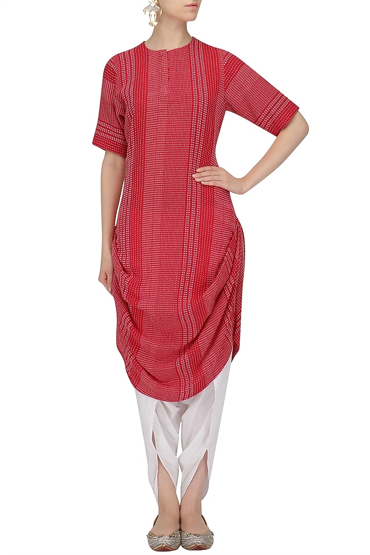 Red and white textured kurta and dhoti pants set available only at Pernia's Pop Up Shop.