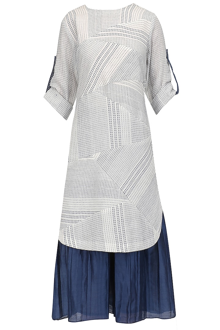 White and Blue Textured Kurta and Pleated Palazzo Set by Megha & Jigar