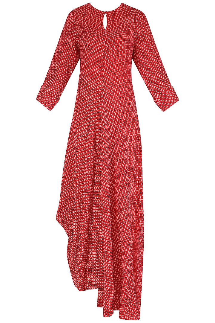 Red and White Textured Cowl Drape Dress by Megha & Jigar