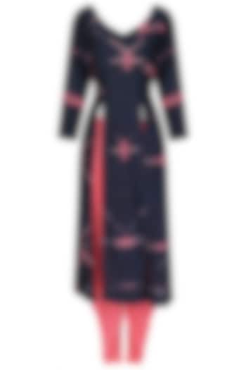 Navy blue and pink tye dye kurta and dhoti set available only at Pernia's Pop Up Shop.