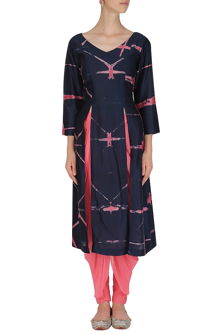 Navy blue and pink tye dye kurta and dhoti set available only at Pernia's Pop Up Shop.
