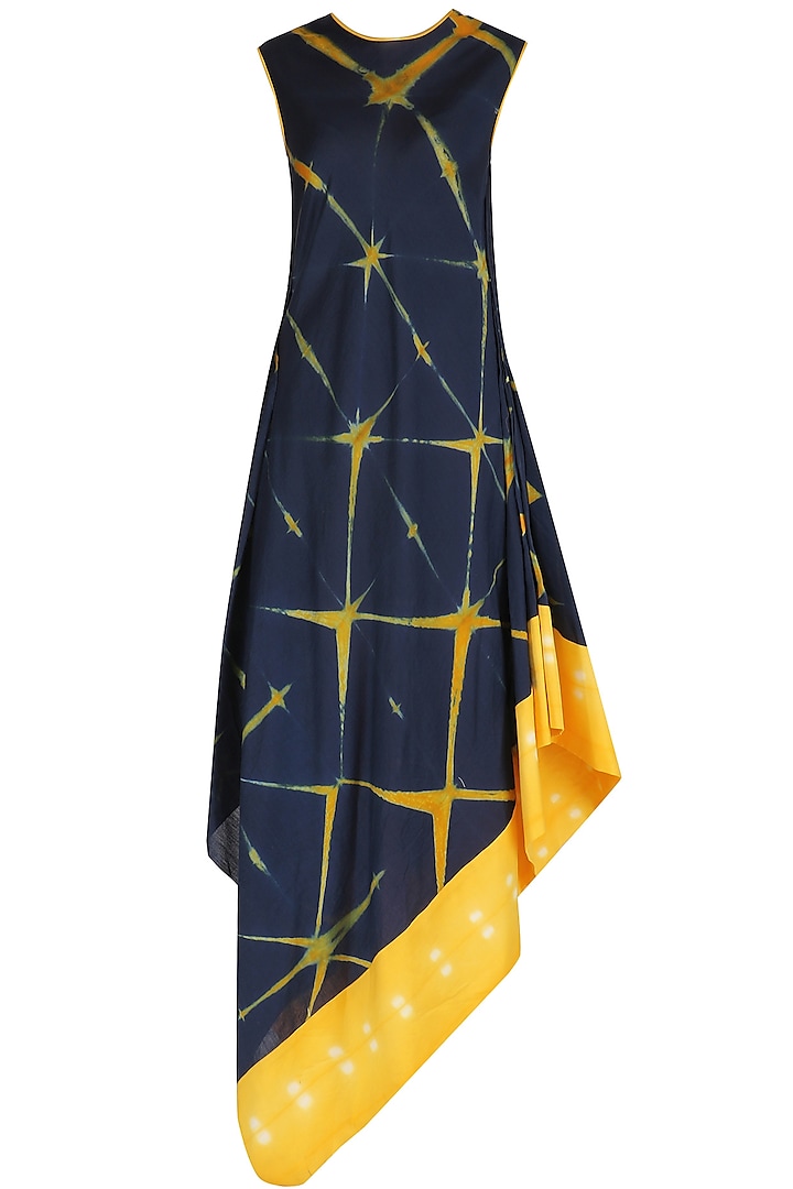 Navy Blue and Yellow Sibori Drape Dress by Megha & Jigar