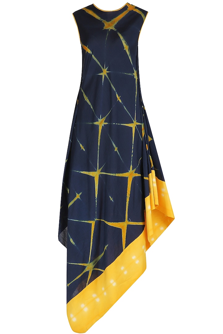 Navy Blue And Yellow Sibori Drape Dress available only at Pernia's Pop Up Shop.
