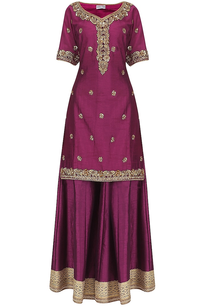 Wine and Rose Pink Embroidered Sharara Set by Megha & Jigar