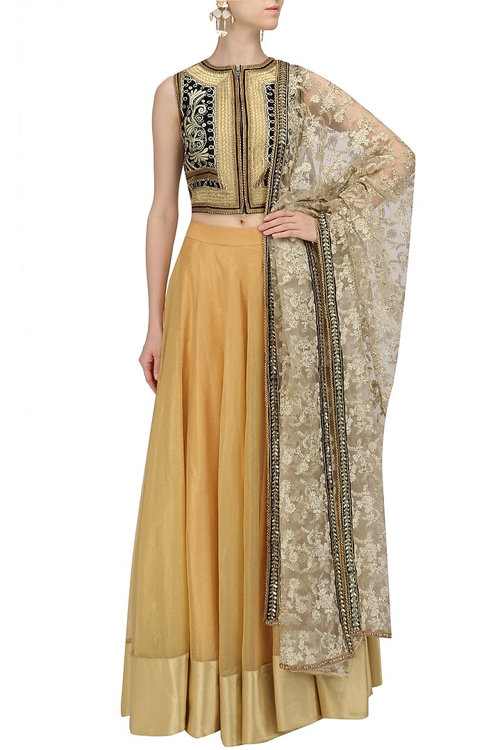 Gold Embroidered Lehenga And Navy Blue Blouse Set available only at Pernia's Pop Up Shop.