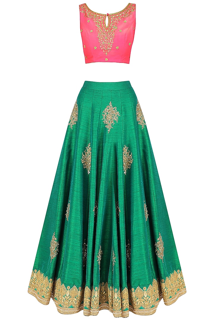 Green Embroidered Lehenga and Hot Pink Blouse Set by Megha & Jigar