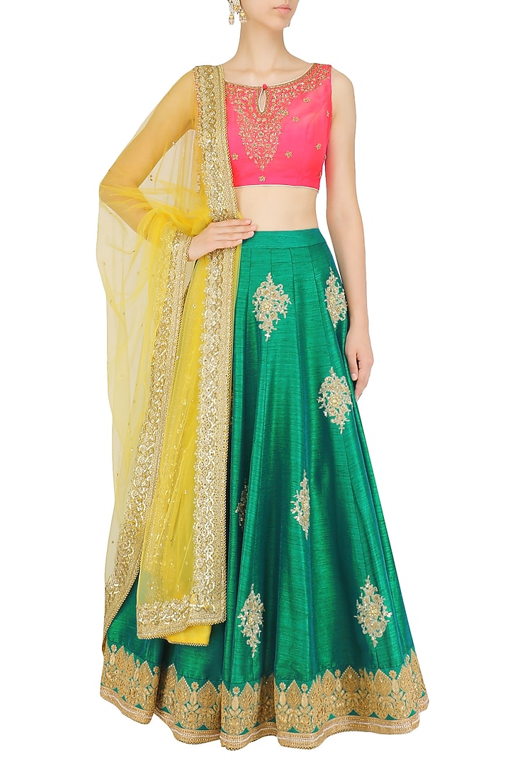Green Embroidered Lehenga And Hot Pink Blouse Set available only at Pernia's Pop Up Shop.