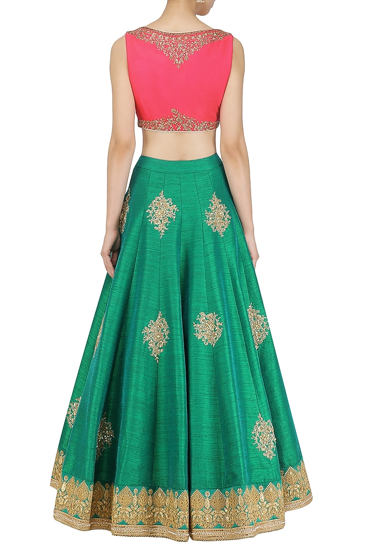 Green Embroidered Lehenga And Hot Pink Blouse Set available only at Pernia's Pop Up Shop.