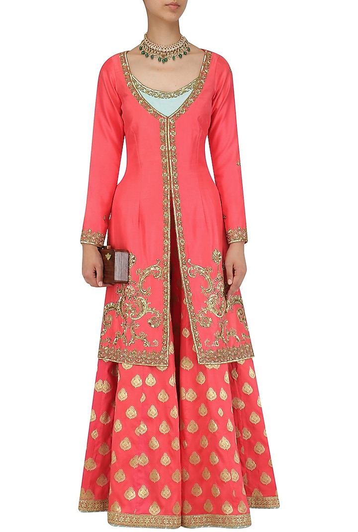 Orange Embroidered Kurta With Banarasi Sharara Pants available only at Pernia's Pop Up Shop.