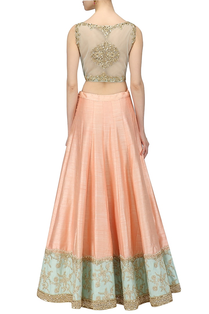 Peach Embroidered Lehenga And Aqua Blue Blouse Set available only at Pernia's Pop Up Shop.