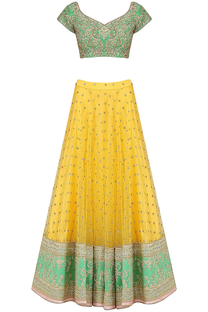 Yellow Embroidered Lehenga and Green Blouse Set by Megha & Jigar