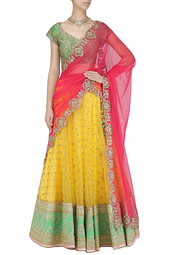 Yellow Embroidered Lehenga And Green Blouse Set available only at Pernia's Pop Up Shop.