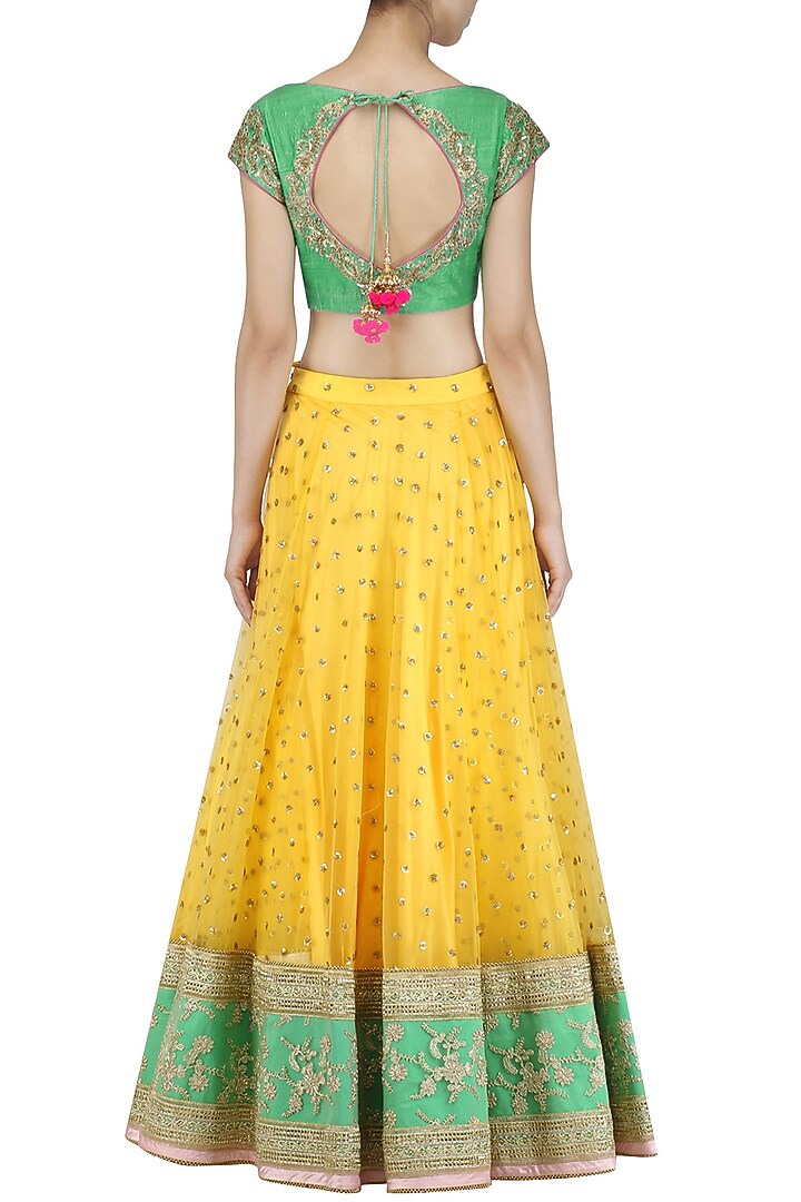 Yellow Embroidered Lehenga And Green Blouse Set available only at Pernia's Pop Up Shop.