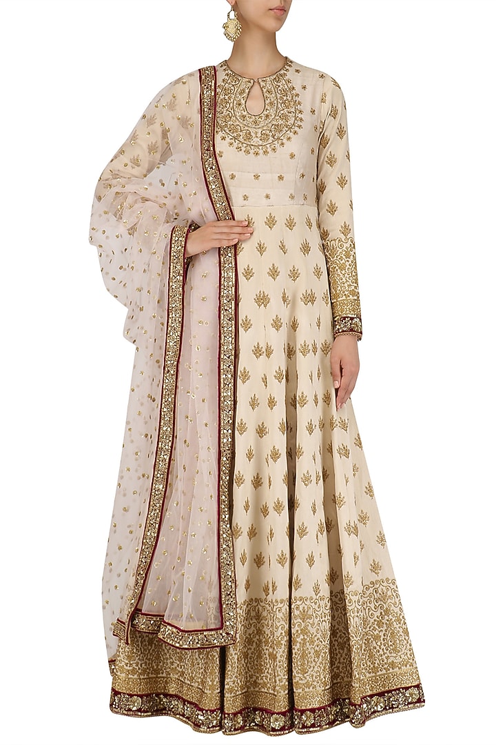 Off White Embroidered Anarkali With Rose pink Dupatta available only at Pernia's Pop Up Shop.