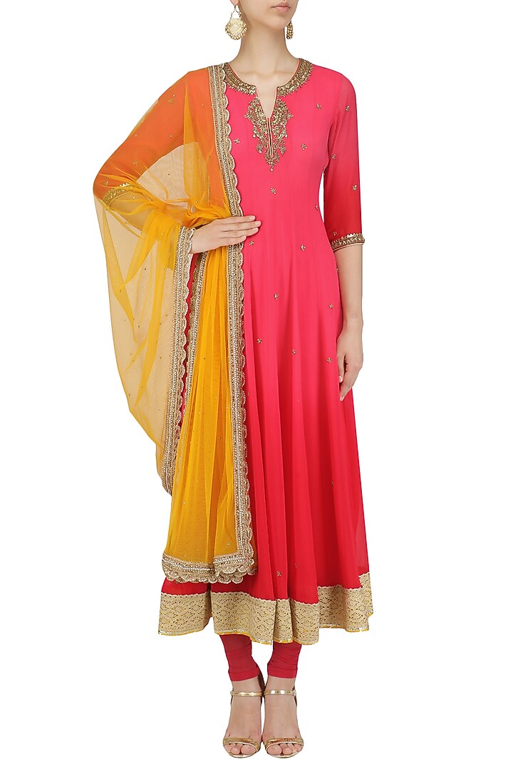 Coral Omre Embroidered Anarkali With Mustard Dupatta available only at Pernia's Pop Up Shop.