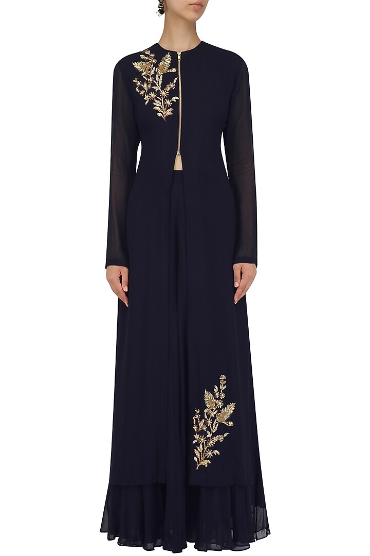 Navy blue embroidered jacket and sharara pants set available only at Pernia's Pop Up Shop.