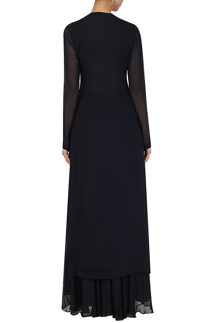 Navy blue embroidered jacket and sharara pants set available only at Pernia's Pop Up Shop.