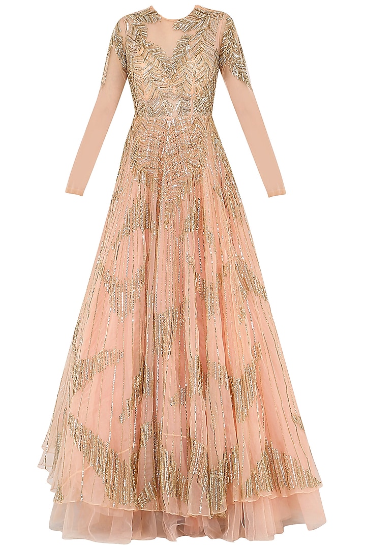 Peach Embroidered Gown by Megha & Jigar