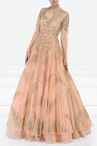Peach Embroidered Gown by Megha & Jigar
