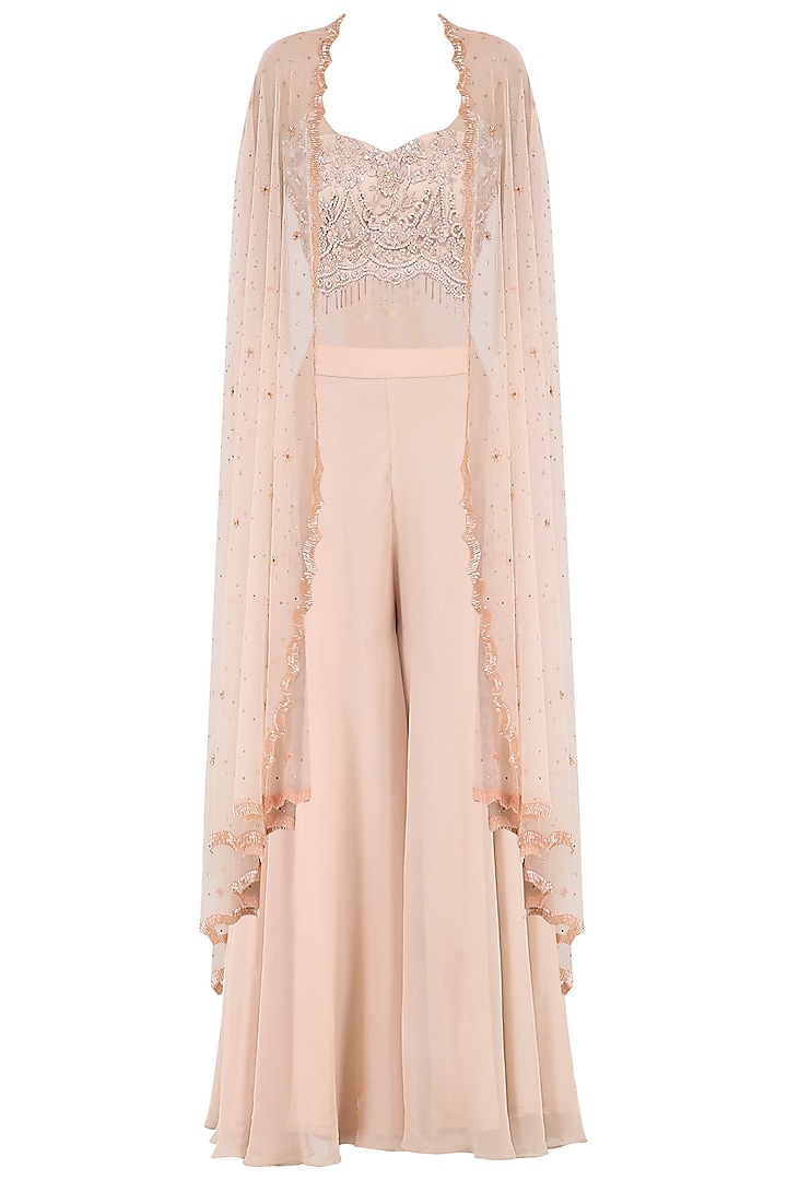 Mauve Embroidered Bustier, Sharara Pants and Cape by Megha & Jigar