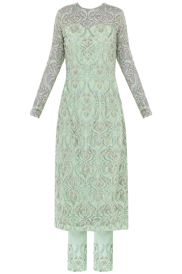 Mint Green Embroidered Kurta with Pants Set by Megha & Jigar