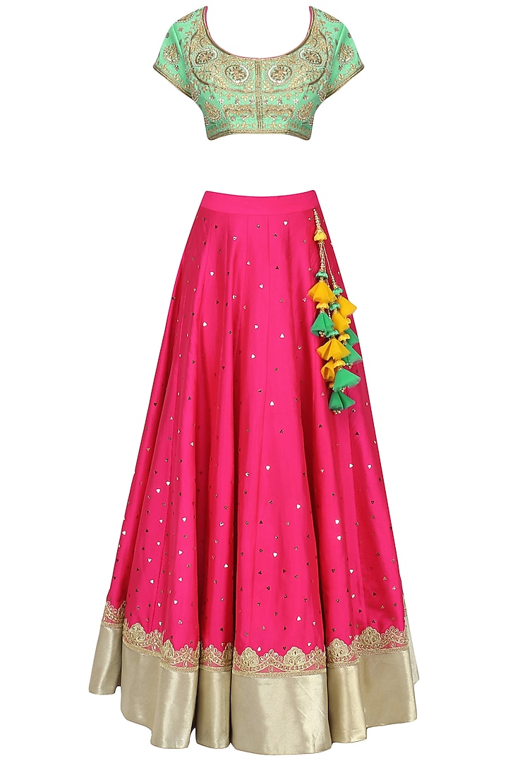 Green and Pink Embroidered Lehenga Set by Megha & Jigar