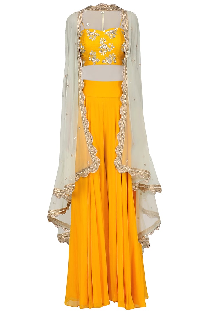 Mustard Embroidered Bustier and Sharara Set with Mint Cape by Megha & Jigar