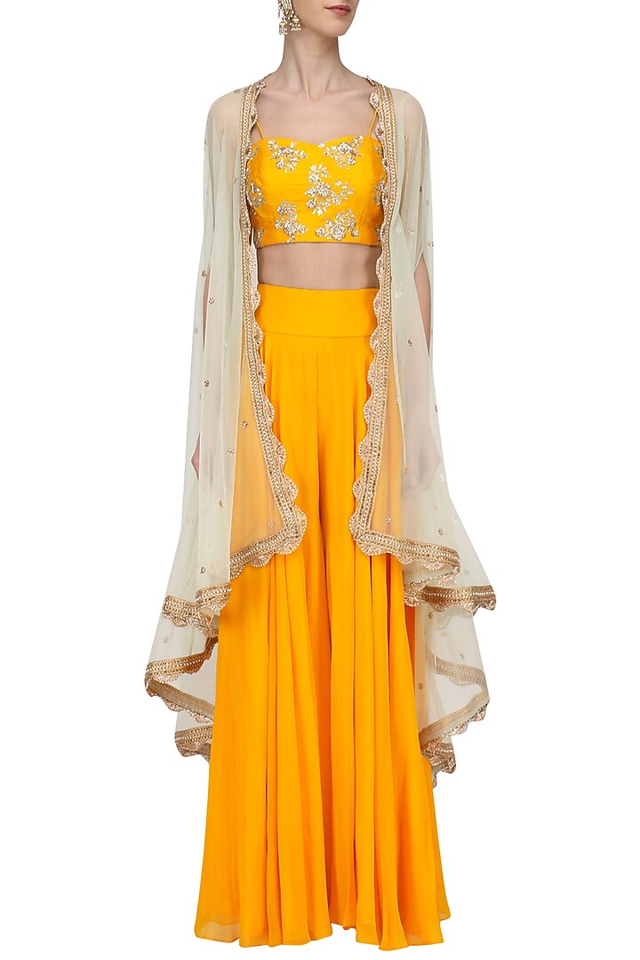 Mustard embroidered bustier and sharara set with Mint cape available only at Pernia's Pop Up Shop.