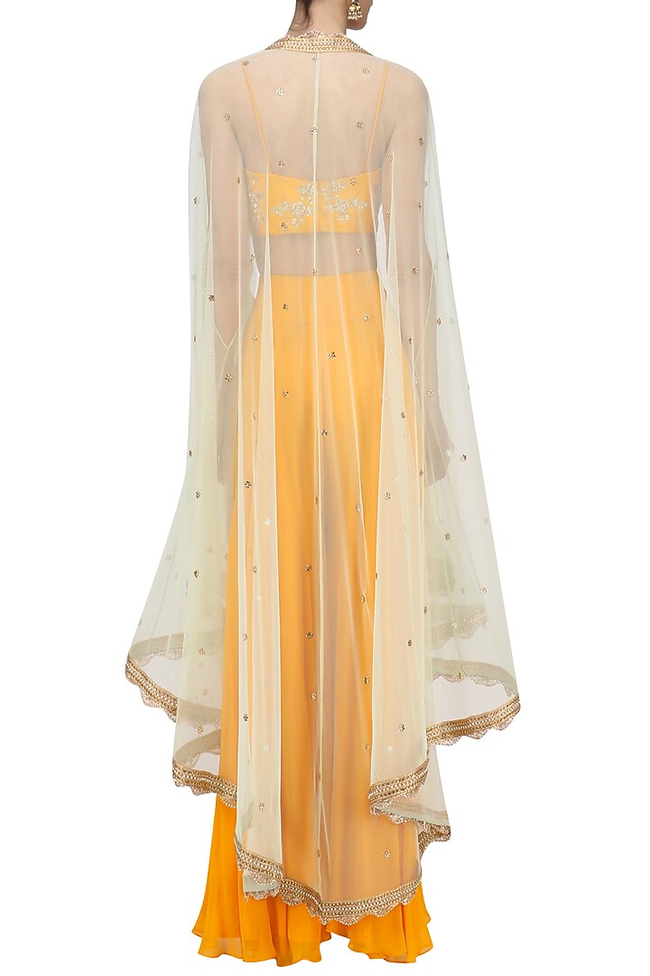 Mustard embroidered bustier and sharara set with Mint cape available only at Pernia's Pop Up Shop.