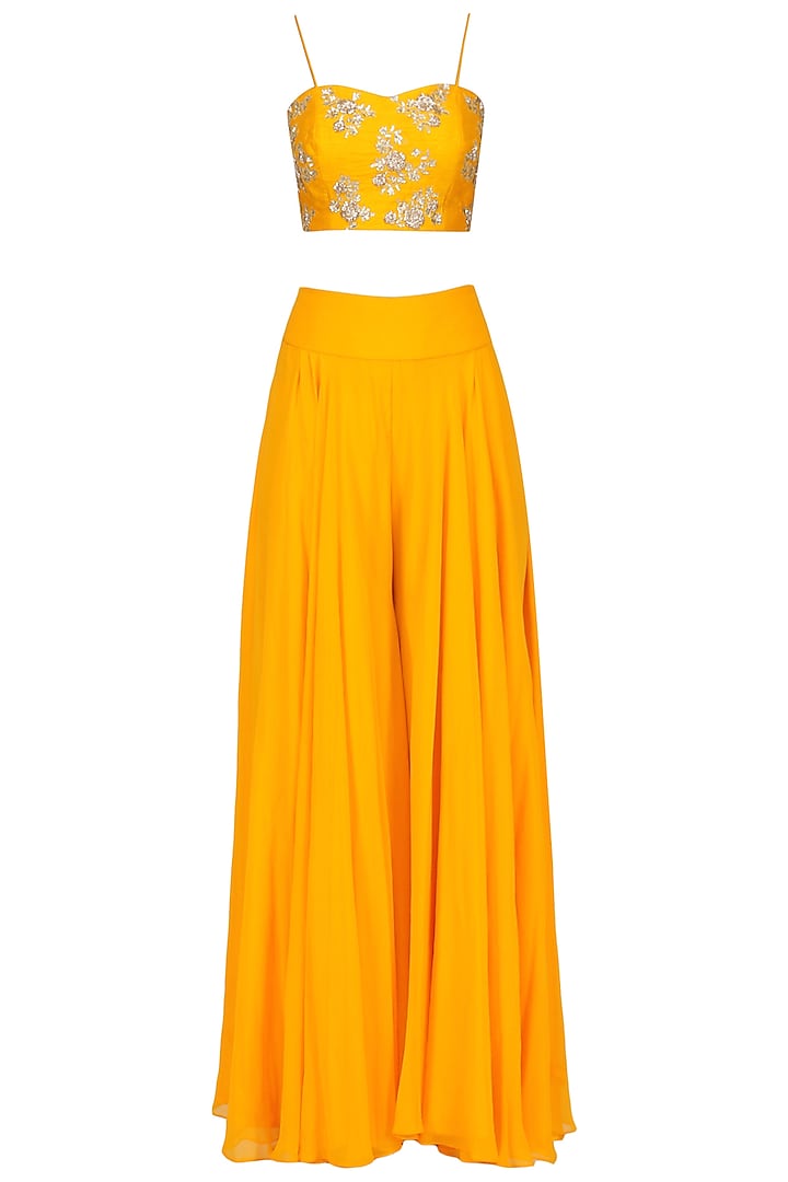 Mustard embroidered bustier and sharara set with Mint cape available only at Pernia's Pop Up Shop.