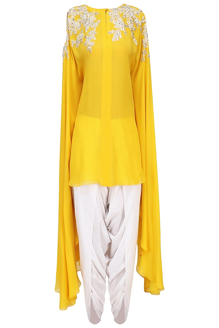 Mustard Embroidered Tunic with Off White Dhoti Pants by Megha & Jigar