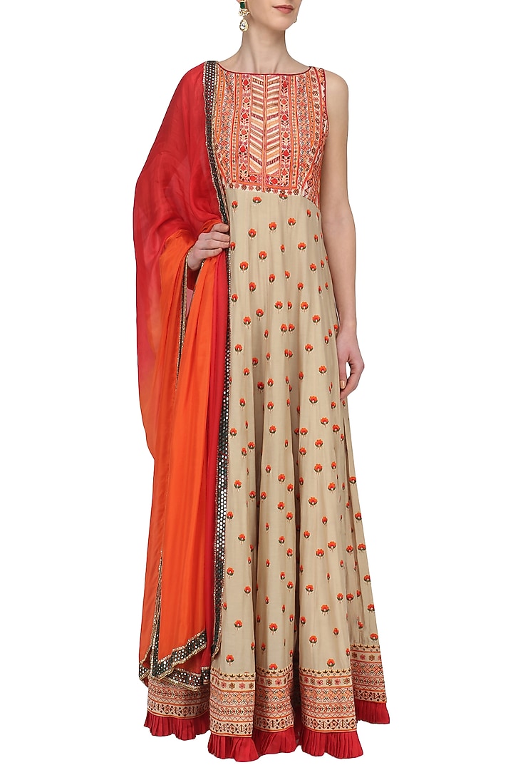 Beige Threadwork Anarkali set available only at Pernia's Pop Up Shop.
