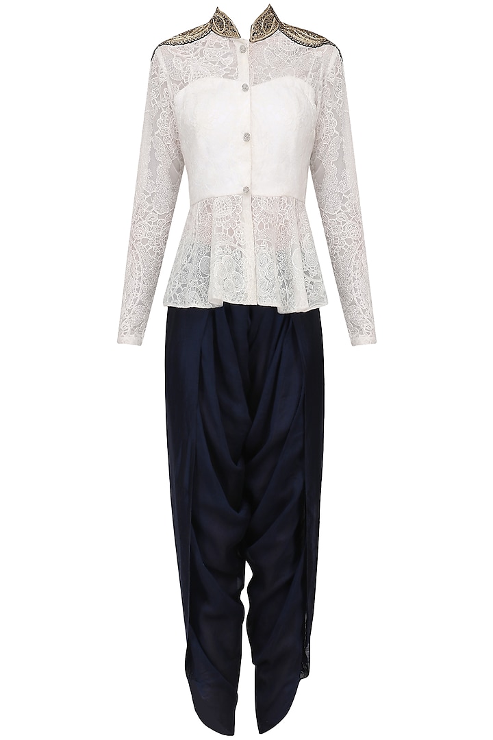 White Embroidered Peplum Tunic with Navy Dhoti Pants by Megha & Jigar
