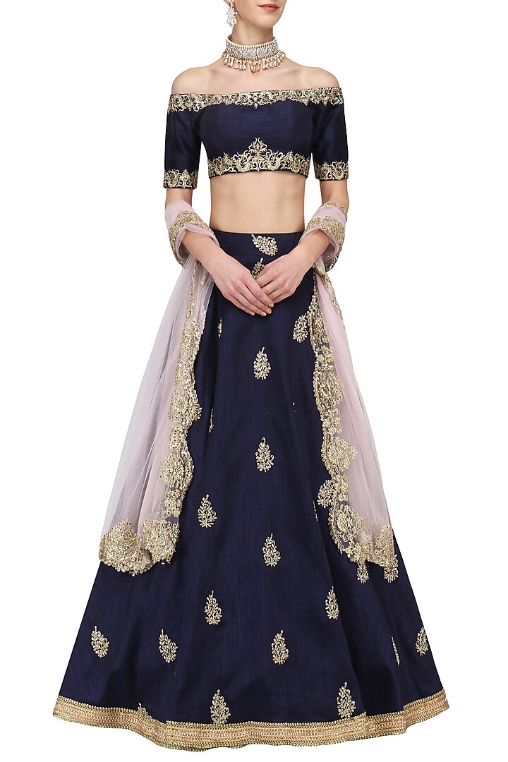 Navy Blue embroidered off shoulder Lehenga Set available only at Pernia's Pop Up Shop.