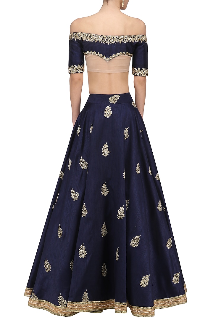 Navy Blue embroidered off shoulder Lehenga Set available only at Pernia's Pop Up Shop.