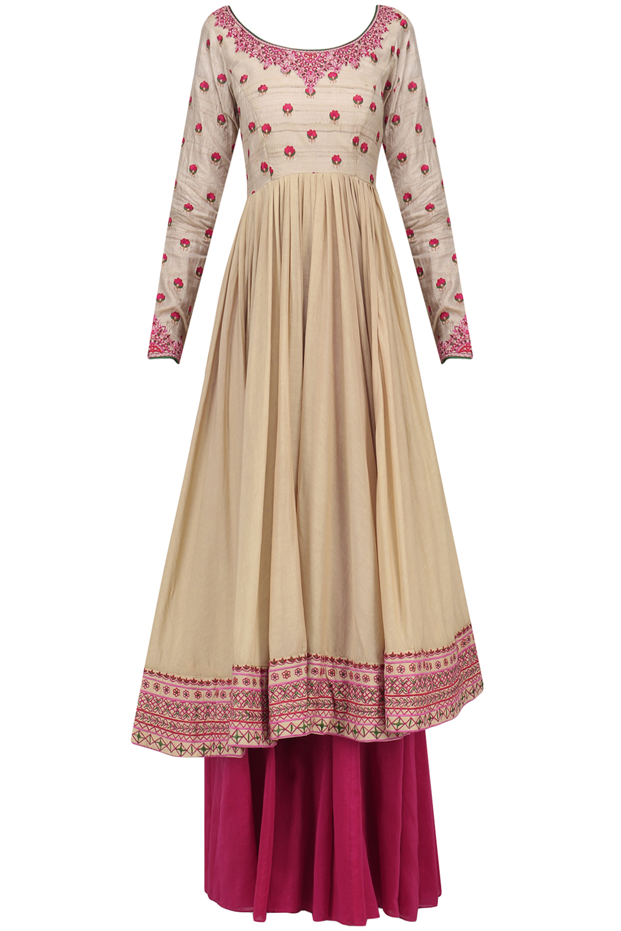 Beige and red Threadwork Anarkali set available only at Pernia's Pop Up Shop.
