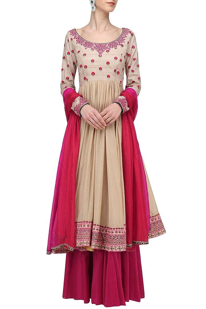 Beige and red Threadwork Anarkali set available only at Pernia's Pop Up Shop.