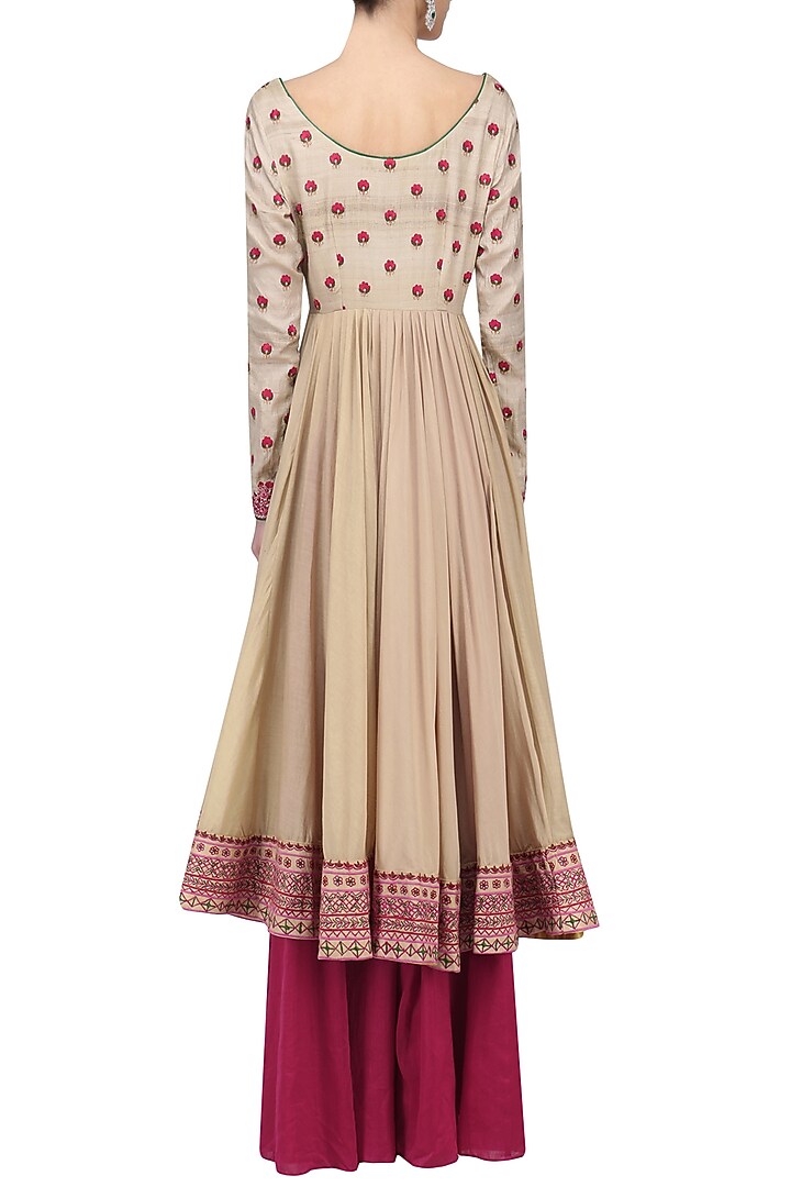 Beige and red Threadwork Anarkali set available only at Pernia's Pop Up Shop.