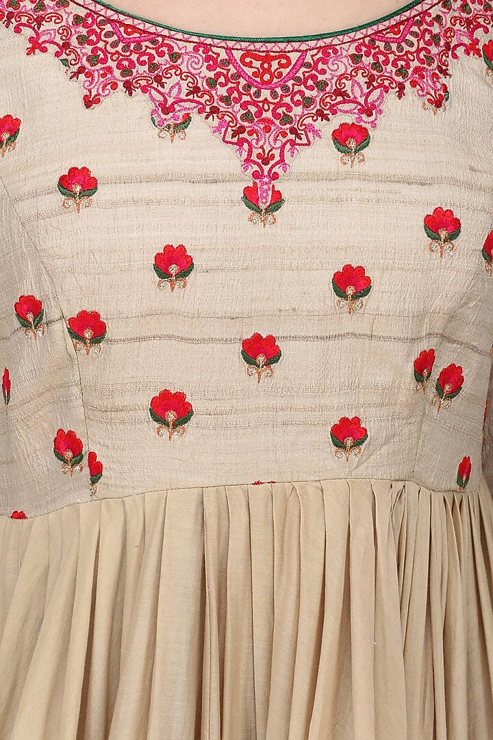 Beige and red Threadwork Anarkali set available only at Pernia's Pop Up Shop.