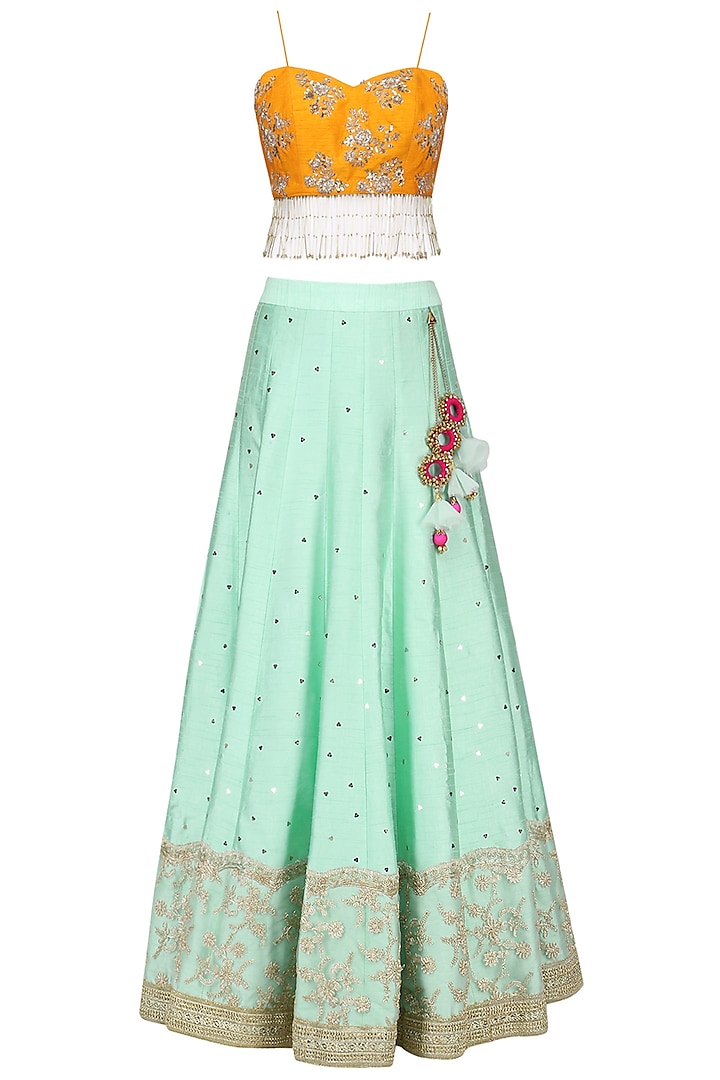 Mustard and Pink Floral Embroidery Lehenga Set by Megha & Jigar