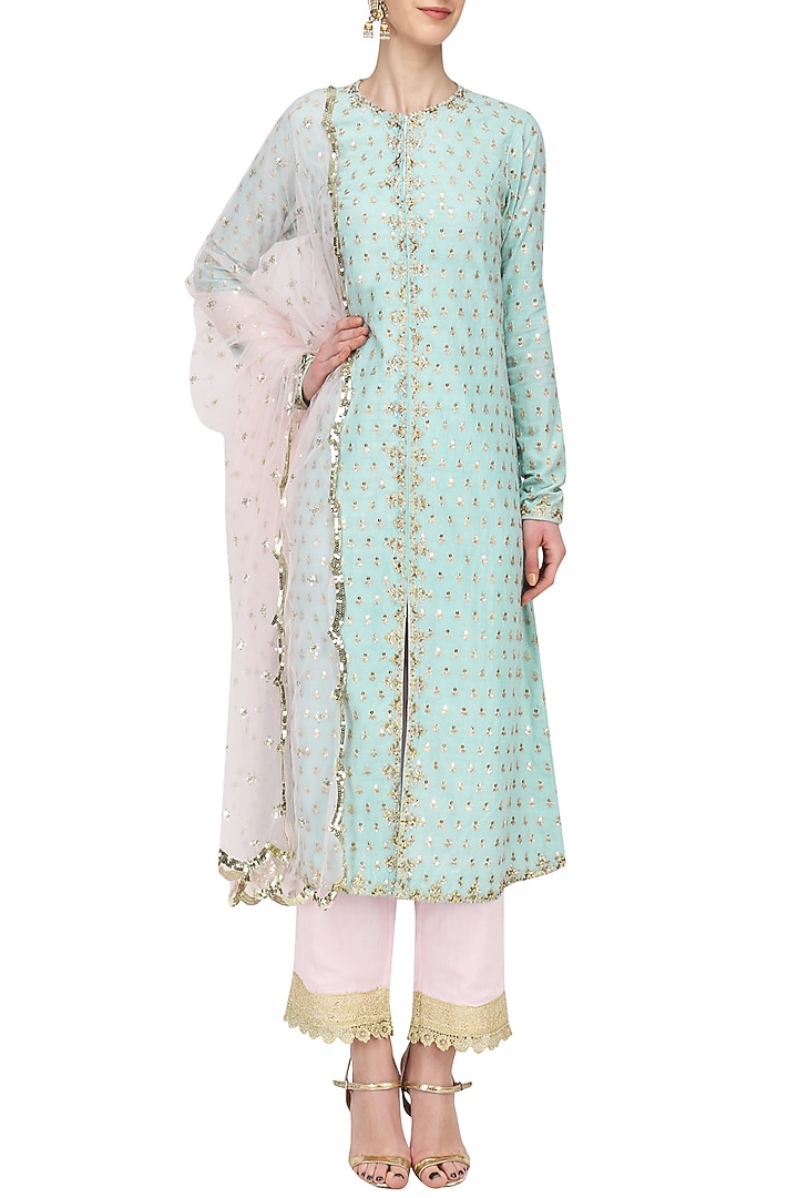 Aqua and baby pink sequins kurta set available only at Pernia's Pop Up Shop.
