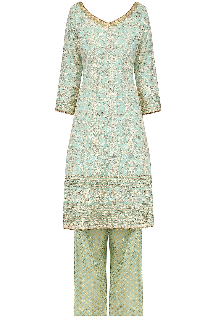 Aqua sequins embroidered kurta and benarasi palazzo set available only at Pernia's Pop Up Shop.