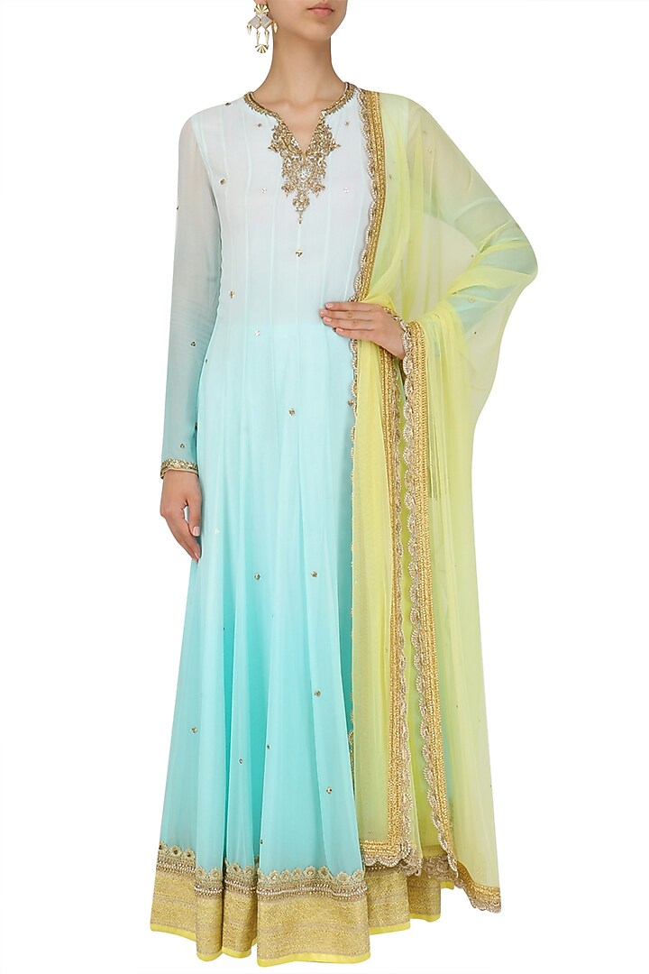 Aqua ombre embroidered anarkali set available only at Pernia's Pop Up Shop.