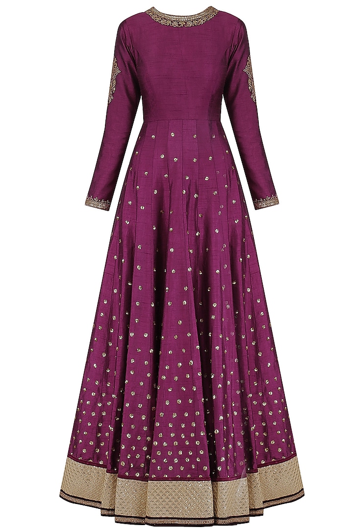 Wine Sequins Embroidered Anarkali with Dupatta and Belt by Megha & Jigar