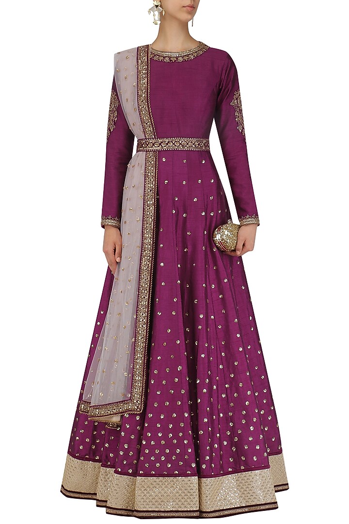 Wine sequins embroidered anarkali with dupatta and belt available only at Pernia's Pop Up Shop.