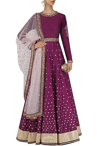 Wine Sequins Embroidered Anarkali with Dupatta and Belt by Megha & Jigar