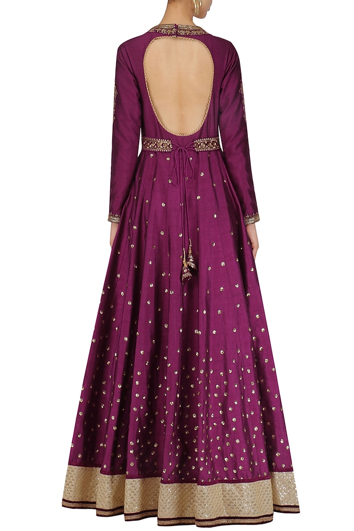 Wine sequins embroidered anarkali with dupatta and belt available only at Pernia's Pop Up Shop.