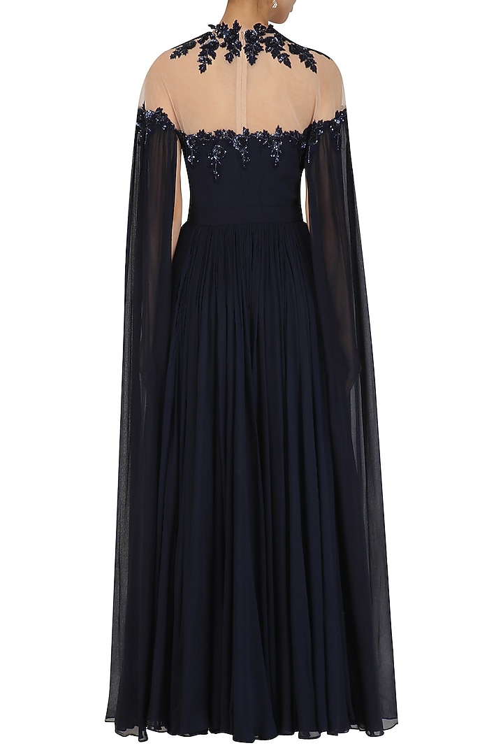 Navy Blue embroidered cape sleeves gown available only at Pernia's Pop Up Shop.