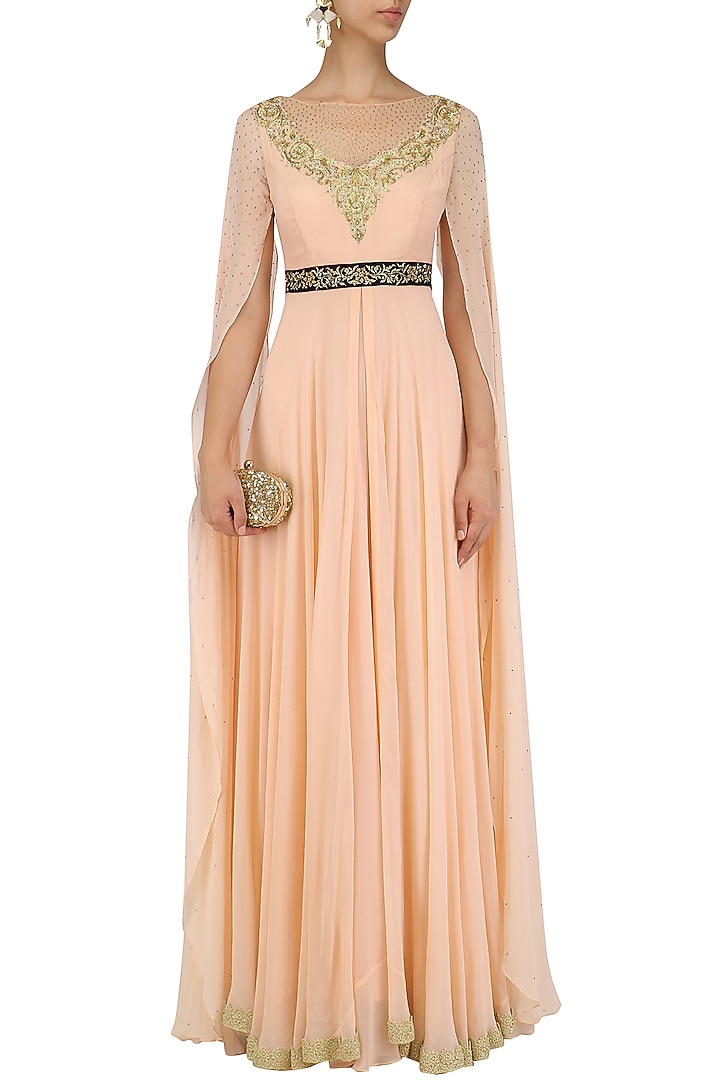 Peach embroidered cape sleeves gown available only at Pernia's Pop Up Shop.